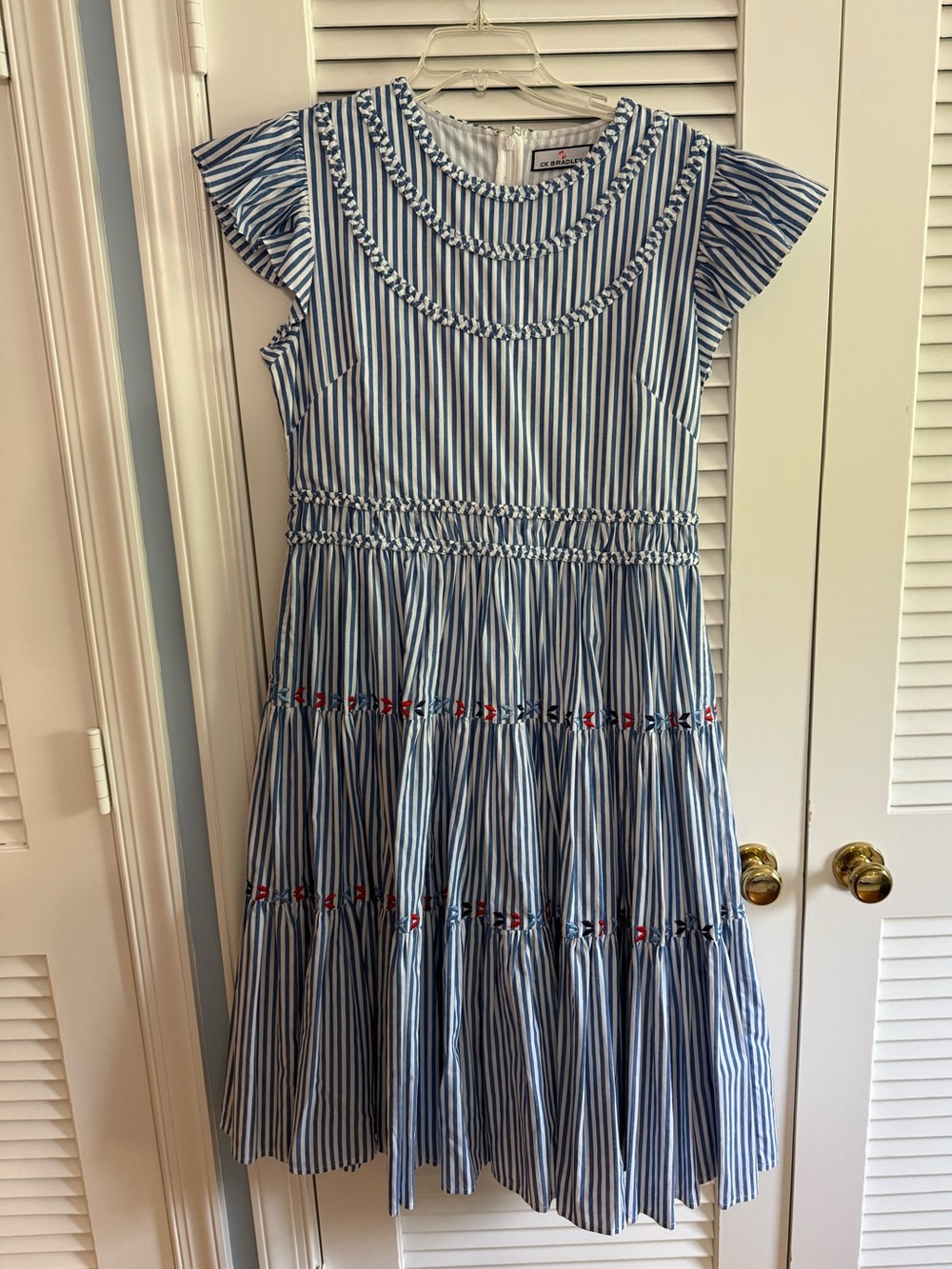 CK Bradley Blue and White Striped Midi Dress with red accent